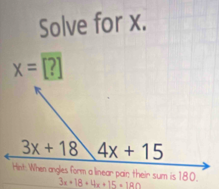 Solve for x.
x=[?]
3x+18+4x+15=180