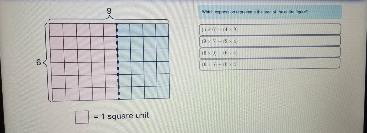 Which expression represents the area of the entire figure?
(5* 6)+(4* 9)
(9* 5)+(9* 4)
(6* 9)+(6* 4)
(6* 5)+(6* 4)
□ =1 square unit