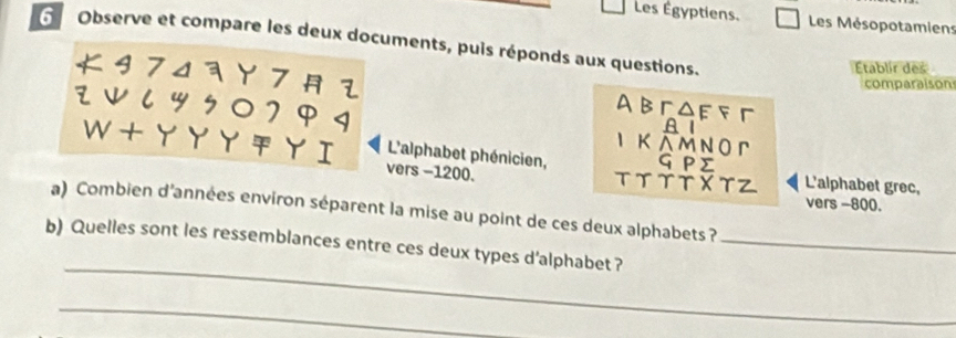 Les Égyptiens. Les Mésopotamiens 
Observe et compare les deux documents, puis réponds aux questions. 
Établir des 
comparaison 
ABroFFr 
A I 
Κ A Μ ΝΟг 
L'alphabet phénicien, G P Σ
vers -1200. TT TT XTZ L'alphabet grec, 
vers −800. 
a) Combien d'années environ séparent la mise au point de ces deux alphabets ? 
_ 
b) Quelles sont les ressemblances entre ces deux types d'alphabet?_ 
_