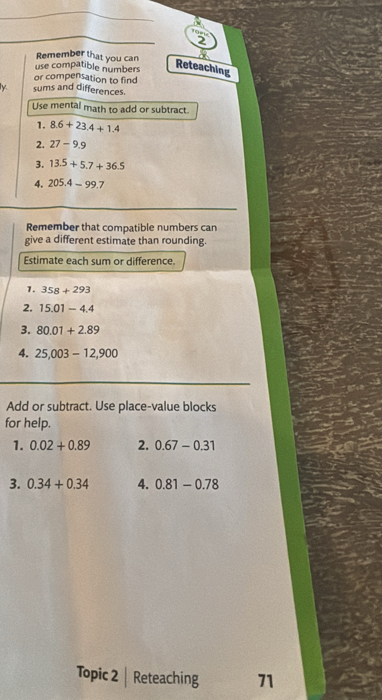 Remember that you can 
use compatible numbers Reteaching 
or compensation to find 
y sums and differences. 
Use mental math to add or subtract. 
1. 8.6+23.4+1.4
2. 27-9.9
3. 13.5+5.7+36.5
4. 205.4-99.7
Remember that compatible numbers can 
give a different estimate than rounding. 
Estimate each sum or difference. 
1. 358+293
2. 15.01-4.4
3. 80.01+2.89
4. 25,003-12,900
Add or subtract. Use place-value blocks 
for help. 
1. 0.02+0.89 2. 0.67-0.31
3. 0.34+0.34 4. 0.81-0.78
Topic 2 | Reteaching 71