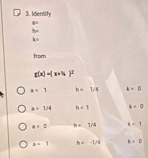 Identify
a=
h=
k=
from
g(x)=(x+1/4)^2
a=1 h=1/4 k=0
a=1/4 h=1
k=0
a=0 h=1/4
k=1
a=1 h=-1/4 k=0