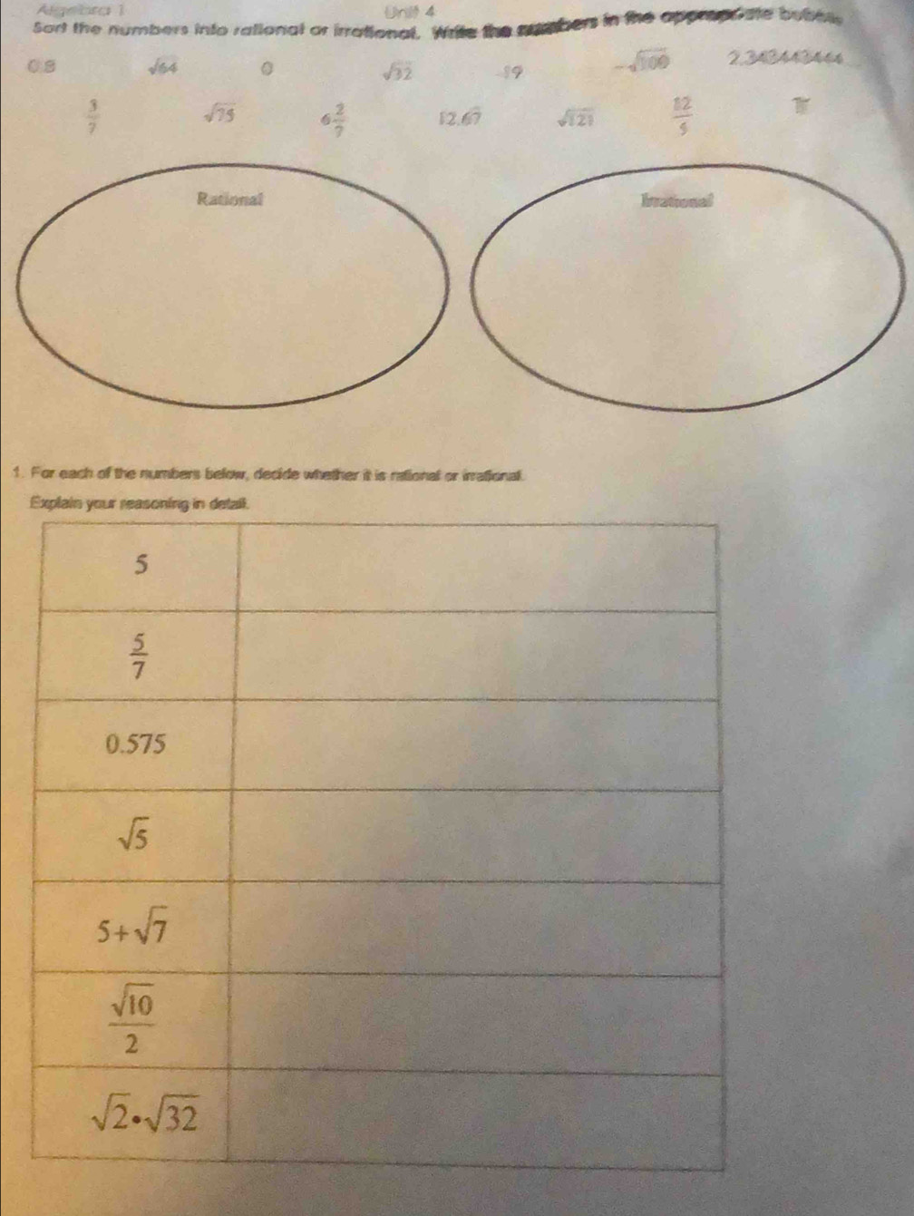 Algebra 1 Dri 4
Sort the numbers into rational or irrational. Write the numbers in the apprope ate beb tle
0s sqrt(64) sqrt(32) 19 -sqrt(100) 2.343443466
 3/7 
sqrt(75) 6 2/7  12.67 sqrt(121)  12/5 
Rational brational
1. For each of the numbers below, decide whether it is rational or irrational.
E