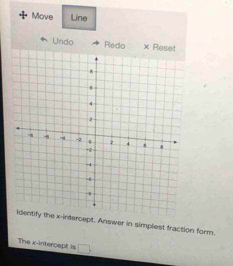 Move Line 
Undo R 
tercept. Answer in simplest fraction form. 
The x-intercept is □ .