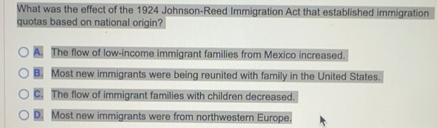 Solved: What was the effect of the 1924 Johnson-Reed Immigration Act ...