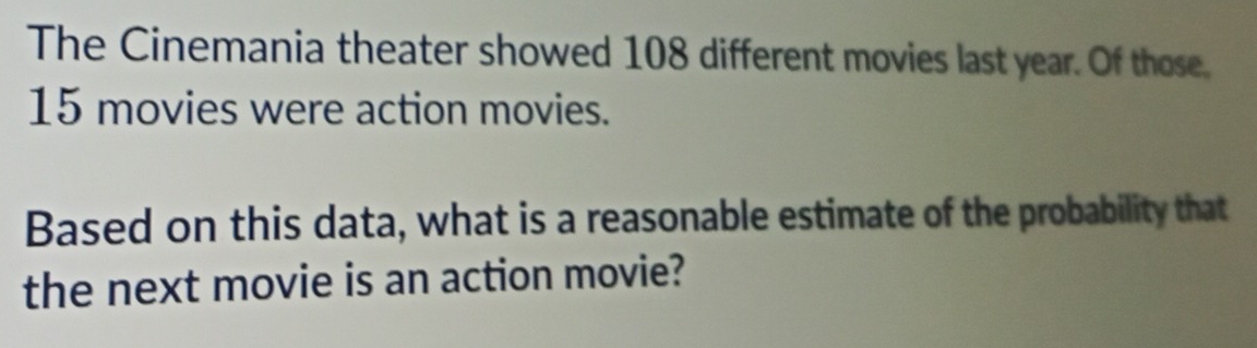 The Cinemania theater showed 108 different movies last year. Of those.
15 movies were action movies. 
Based on this data, what is a reasonable estimate of the probability that 
the next movie is an action movie?