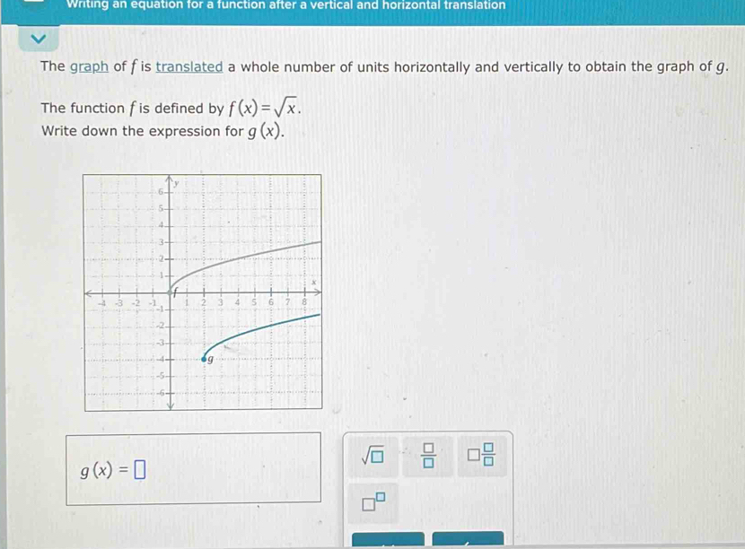 Writing an equation for a function after a vertical and horizontal translation 
The graph of f is translated a whole number of units horizontally and vertically to obtain the graph of g. 
The function f is defined by f(x)=sqrt(x). 
Write down the expression for g(x).
g(x)=□
sqrt(□ )  □ /□   □  □ /□  