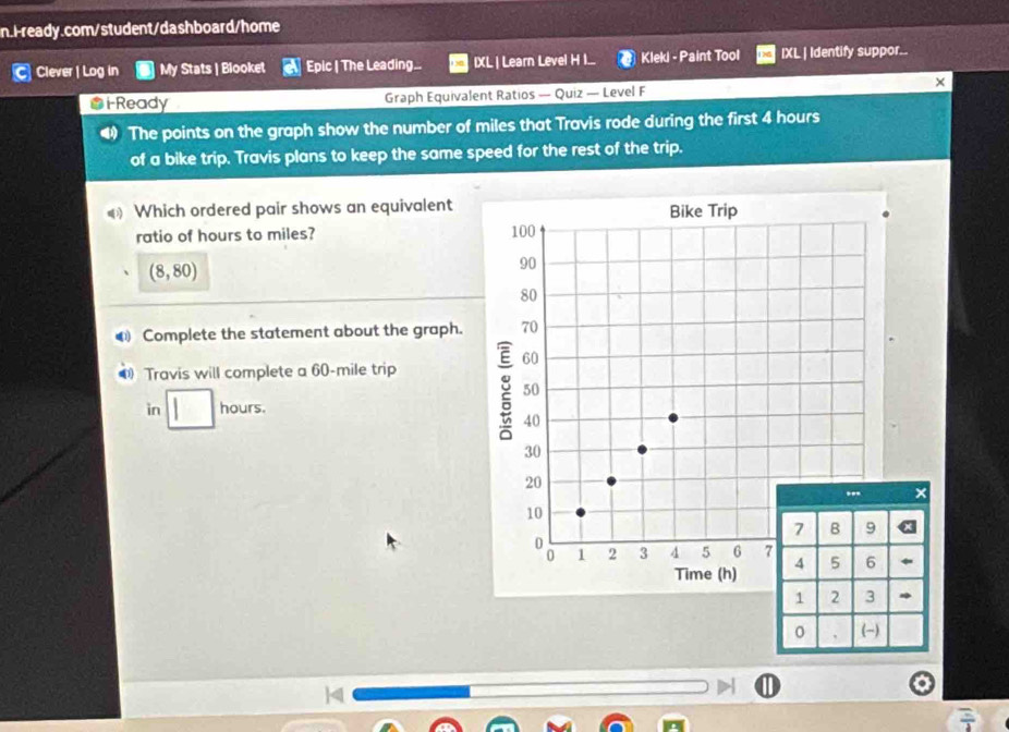 Clever | Log in My Stats | Blooket Epic | The Leading... IXL| Learn Level H I... Klekl - Paint Tool IXL | Identify suppor... 
× 
*i Ready Graph Equivalent Ratios — Quiz — Level F 
4 The points on the graph show the number of miles that Travis rode during the first 4 hours
of a bike trip. Travis plans to keep the same speed for the rest of the trip. 
Which ordered pair shows an equivalent 
ratio of hours to miles?
(8,80)
€ Complete the statement about the graph. 
Travis will complete a 60-mile trip 
in hours. 
× 
0 (-)