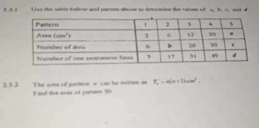 Use the table bolow and pattern above to determine the values of a, b、 c, and 4.
2.3.2 The aroe of pattern w can be written as T_n-n(n+1)cm^2.
Find the area of pattern 50.