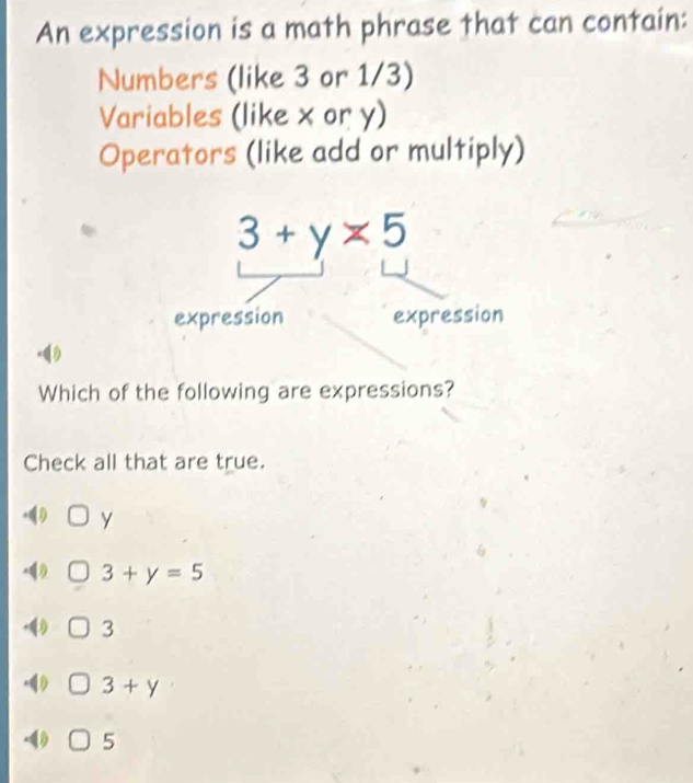 An expression is a math phrase that can contain:
Numbers (like 3 or 1/3)
Variables (like x or y)
Operators (like add or multiply)
Which of the following are expressions?
Check all that are true.
y
3+y=5
3
3+y
5