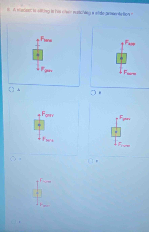 A student is sitting in his chair watching a slide presentation *
Fapp
Fnorm
B
Fgrav Fgrav
Ftens
Fnorm
C
D
Fnorm

Fgrav
E