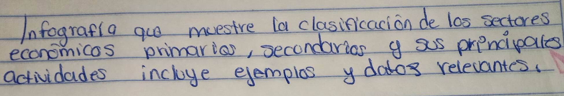 Infografia que meestre (a clasinicacion de l0s sectores 
economicos primariss, secondarics g sos prencipales 
actividades incluye ejemplos ydatos relevantes.