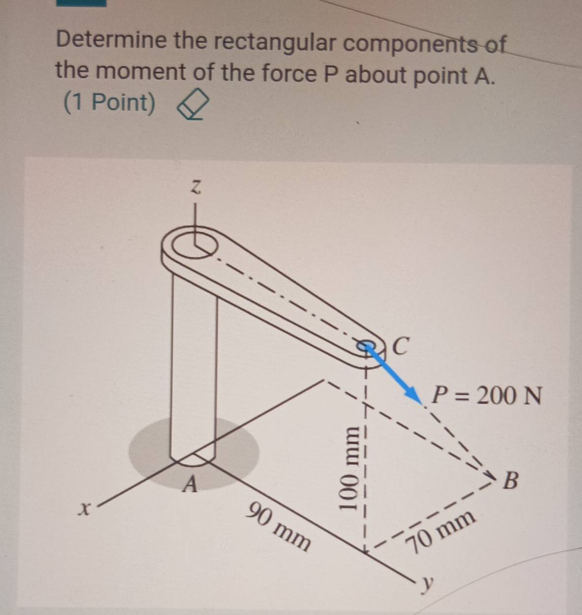 Determine the rectangular components of
the moment of the force P about point A.
(1 Point)