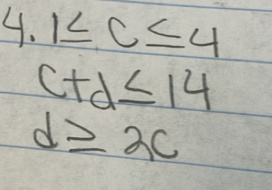 1≤ c≤ 4
c+d≤ 14
d≥ 2c