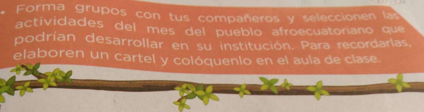 Forma grupos con tus compañeros y seleccionen las 
actividades del mes del pueblo afroecuatoriano que 
podrían desarrollar en su institución. Para recordarlas, 
elaboren un cartel y colóquenlo en el aula de clase.