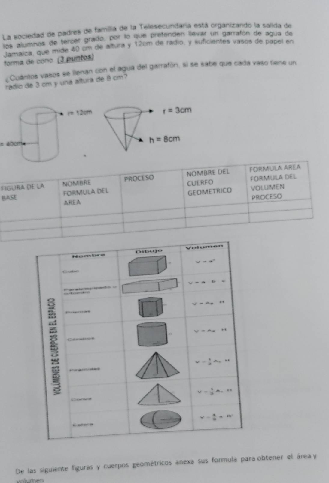 La sociedad de padres de familia de la Telesecundaria está organizando la salida de
los alumnos de tercer grado, por lo que pretenden llevar un garrafón de agua de
Jamaica, que mide 40 cm de altura y 12cm de radio, y suficientes vasos de pápel en
forma de cono (3 puntos)
Cuantos vasos se llenan con el agua del garrafón, si se sabe que cada vaso tiene un
radio de 3 cm y una altura de 8 cm?
=40cm
FORMULA DEL
FIGURA DE LA NOMBRE PROCESO NOMBRE DEL FORMULA AREA
FORMULA DEL CUERfO
GEOMETRICO VOLUMEN
BASE PROCESO
AREA
De las siguiente figuras y cuerpos geométricos anexa sus formula para obtener el área y
volumen