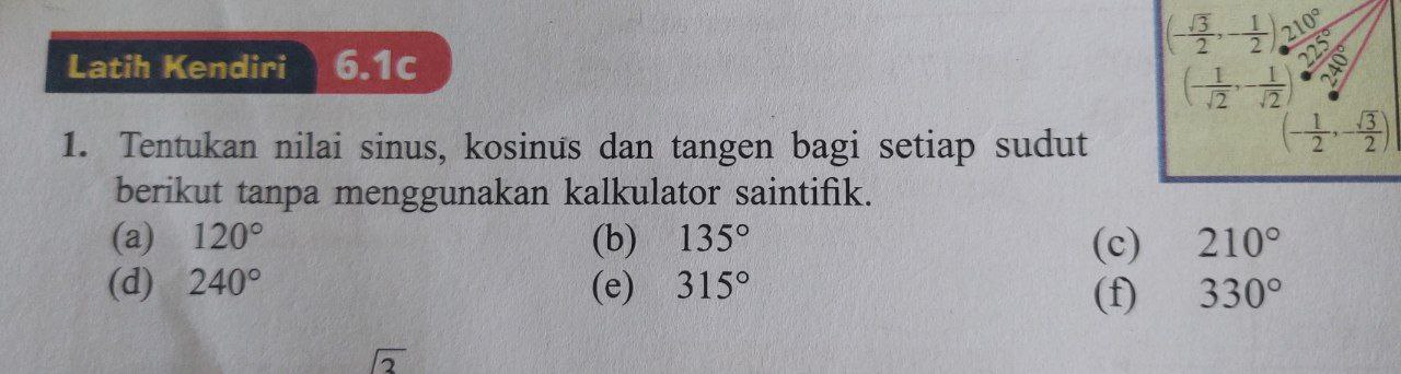 (- sqrt(3)/2 ,- 1/2 ) 210°
Latih Kendiri 6.1c
(- 1/sqrt(2) ,- 1/sqrt(2) )
1. Tentukan nilai sinus, kosinus dan tangen bagi setiap sudut
(- 1/2 ,- sqrt(3)/2 )
berikut tanpa menggunakan kalkulator saintifik. 
(a) 120° (b) 135° (c) 210°
(d) 240° (e) 315° (f) 330°
sqrt(3)