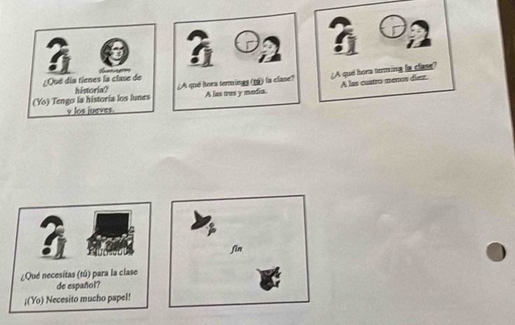 ¿Qué día tienes la clase de 
A las cuatro menos diez. 
historia? ¿A qué hora termings (t) la clase? 
(Yo) Tengo la historía los lunes A las tres y media. :A quel hora termina la clase? 
y los jueves. 
fin 
¿Qué necesitas (tú) para la clase 
de español? 
¡(Yo) Necesito mucho papel!