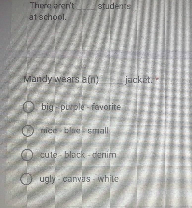 There aren't _students
at school.
Mandy wears a(n) _jacket. *
big - purple - favorite
nice - blue - small
cute - black - denim
ugly - canvas - white