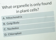 What organelle is only found
in plant cells?
A. Mitochondria
B. Golgi Body
C. Nucleolus
D. Chioroplast