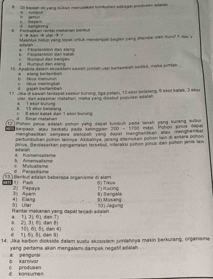 Di bawah ini yang bukan merupakan tumbuhan sebagai produsen adalah
a rumput
b jamur
c bayam
d kangkong
9. Perhatikan rantai makanan berikut
X → ikan →ular → Y
Makhluk hidup yang tepat untuk menempati bagian yang ditandai oleh huruf X dan Y
adalah
a Fitoplankton dan elang
b Fitoplankton dan katak
c Rumput dan bangau
d. Rumput dan elang
10. Apabila dalam ekosistem sawah jumlah ular bertambah sedikit, maka jumlah ..
a elang bertambah
b tikus menurun
c tikus meningkat
d gajah bertambah
11 Jika di sawah terdapat seekor burung, tiga petani, 15 ekor belalang, 6 ekor katak, 2 ekor
ular, dan adasinar matahari, maka yang disebut populasi adalah
a 1 ekor burung
b 15 ekor belalang
c 6 ekor katak dan 1 ekor burung
d Sinar matahari
12  Pohon pinus adalah pohon yang dapat tumbuh pada tanah yang kurang subur,
berpasir, atau berbatu pada ketinggian 200 - 1700 mdpl. Pohon pinus dapat
menghasilkan senyawa alelopati yang dapat menghentikan atau menghambat
pertumbuhan pohon lainnya. Akibatnya, jarang ditemukan pohon lain di antara pohon
pinus. Berdasarkan pengamatan tersebut, interaksi pohon pinus dan pohon jenis lain
adalah
a. Komensalisme
b. Amensalisme
c. Mutualisme
d Parasitisme
13.) Berikut adalah beberapa organisme di alam
Ts 1) Padi 6) Tikus
2) Pepaya 7) Kucing
3) Ayam 8) Serigala
4) Elang 9) Musang
5) Ular 10) Jagung
Rantai makanan yang dapat terjadi adalah ....
a 1), 3), 6), dan 7)
b. 2), 3), 6), dan 8)
c. 10), 6), 5), dan 4)
d 1), 6), 5), dan 9)
14. Jika karbon dioksida dalam suatu ekosistem jumlahnya makin berkurang, organisme
yang pertama akan mengalami dampak negatif adalah
a. pengurai
b karnivor
c produsen
d. konsumen