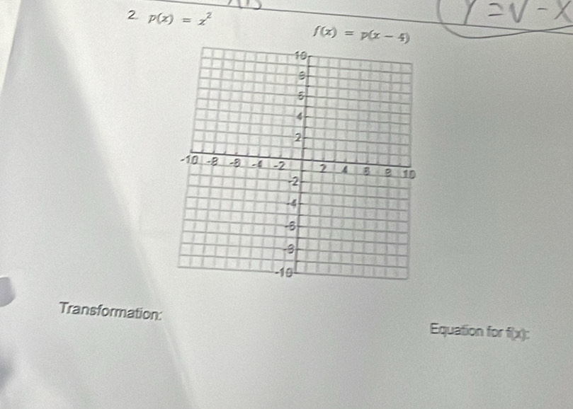 2 p(x)=x^2
f(x)=p(x-4)
Transformation: Equation for f(x)=