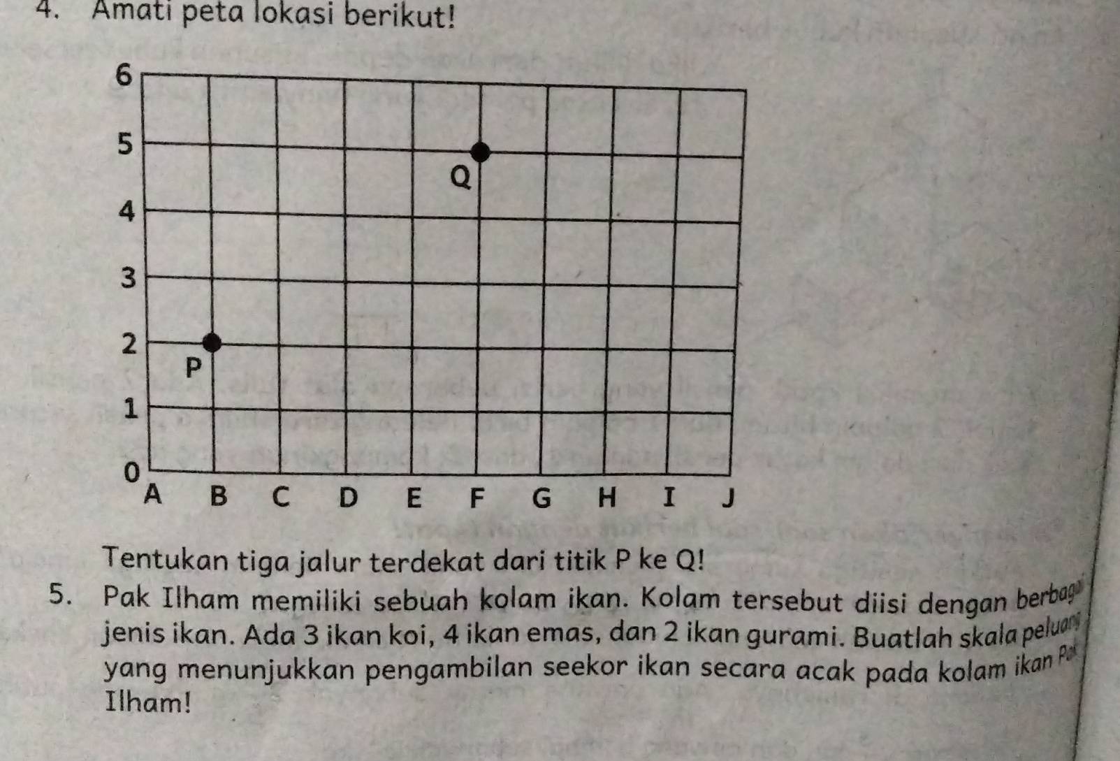 Amati peta lokasi berikut! 
Tentukan tiga jalur terdekat dari titik P ke Q! 
5. Pak Ilham memiliki sebuah kolam ikan. Kolam tersebut diisi dengan berbag 
jenis ikan. Ada 3 ikan koi, 4 ikan emas, dan 2 ikan gurami. Buatlah skala peluani 
yang menunjukkan pengambilan seekor ikan secara acak pada kolam ikan P
Ilham!