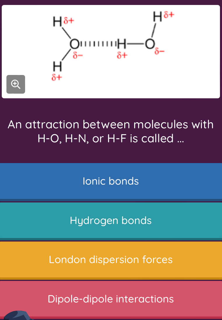 An attraction between molecules with
H-O, H-N, or H-F is called ...
Ionic bonds
Hydrogen bonds
London dispersion forces
Dipole-dipole interactions