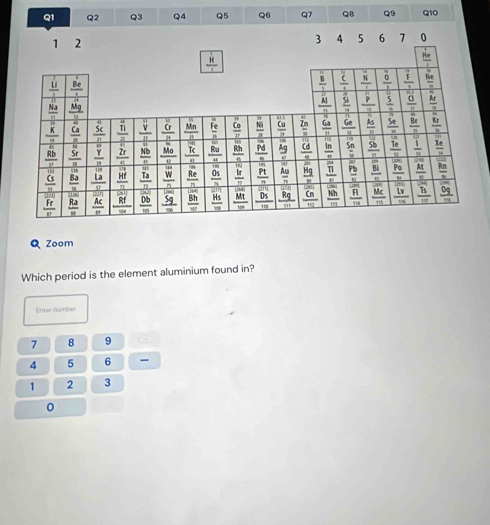 1 2
3 4 5 6 7 0
 H/1 
 He/2 
11 12
19 20
frac dot U  Be/4 
12 155 60
21 24
 Na/11   Mg/12 
beginarrayr  B/2  A/11  hline endarray   C/6  beginarrayr 14 N hline 1endarray frac beginarrayr 14 0endarray 5  F/9   Ne/10 
frac beginarrayr 28 51endarray 14  P/15   5/16   a/v   Ar/u 
40 41 52 55 59 odot . overline 615 70 overline 75 7)
frac overline  13/K 19 _  Ca/20   Sc/21  _ frac Tii22 frac overline frac beginarrayr 51 _ 21endarray  _  Cr/24   Mn/n  beginarrayr 56 Fe 26endarray  Co/27  _  Ni/3  _  Cu/19  beginarrayr 65 _ _ Z_n 10endarray   Ga/11  beginarrayr n  Ge/n  hline endarray  As/11   Se/mu   frac overline Br15 beginarrayr 64 _ K_f 5 K_f16
91 93 198a| overline 101 103 overline 108 overline 112 115 119 122 131
 1/8 5
frac overline  Rb/U _  U/U  frac overline 5513 5rendarray  11endarray  frac overline beginarrayr 69 Yendarray 19 frac _ Z4r_ 41 frac overline  Nb/41  frac overline Mo42 _  Tc/41   Ru/4  frac overline Rh_ 45 beginarrayr 106 * Pd hline 46endarray  Ag/47  _  cd/4   ln /n  beginarrayr Sn 550 frac overline Sb_ S1 beginarrayr la _ Te 9endarray  12)  Xe/Se 
overline _ 181 186 190 overline 195 197 201
frac 111 _ (5) _  frac beginarrayr 118 83endarray 56 beginarrayr overline 9 _ Lag frac overline overline H/8 Hf nendarray  _  Ta/n  frac overline beginarrayr 134 Wendarray overline D75  Re/rs   0s/76  beginarrayr 192 _ ir hline π  _  Pt/n   Au/r   Hg/m  frac beginarrayr 204 11endarray 1 frac overline PbPb 229 (20y) [210] (212)
frac overline BI_ B  Po/mu    At/15   Rn/n 
(262) overline [266] (264) overline (277) (272) overline (285) overline (289) (289) (294)
 TS/117 
beginarrayr □ □  _ F hline □ endarray  beginarrayr □ □  Ra hline 83 beginarrayr □ □  227 hline 89endarray beginarrayr □ □  Rf hline 184endarray _  Db/105   5g/106   Bh/107   HS/108  frac overline beginarrayr Linal Mtendarray 109endarray  beginarrayr overline beginarrayr 1711 D5endarray  110endarray   Rg/111  _ frac n112 frac beginarrayr Gimal Nhendarray m frac overline FI114 frac overline MC115  Lv/116  overline (254)  0g/111 
Zoom
Which period is the element aluminium found in?
Enter number
7 8 9
4 5 6 
1 2 3
0