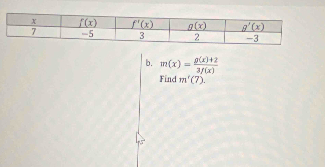 m(x)= (g(x)+2)/3f(x) 
Find m'(7).