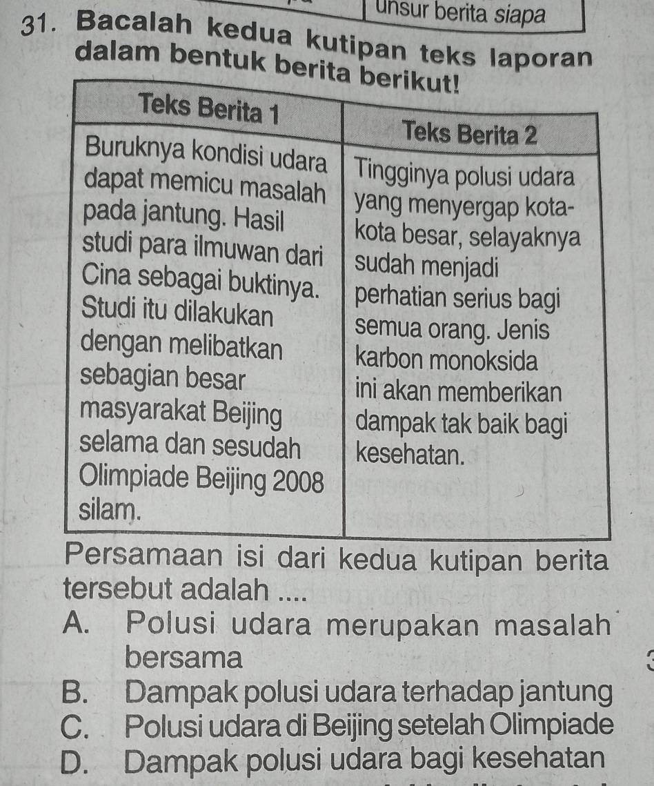 Unsur berita siapa
31. Bacalah kedua kutipan teks laporan
dalam bentu
ari kedua kutipan berita
tersebut adalah ....
A. Polusi udara merupakan masalah
bersama
B. Dampak polusi udara terhadap jantung
C. Polusi udara di Beijing setelah Olimpiade
D. Dampak polusi udara bagi kesehatan