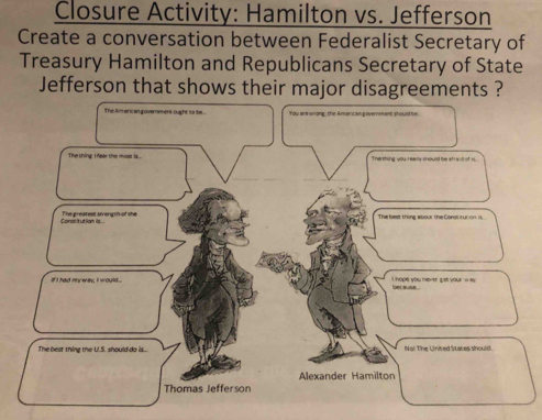 Closure Activity: Hamilton vs. Jefferson
Create a conversation between Federalist Secretary of
Treasury Hamilton and Republicans Secretary of State
Jefferson that shows their major disagreements ?
The thing I fear the most is...
Corasitution is The greatest stengsh of she
The best thing about the Constitution is
if I had my way, I would . I hope you never get your w is ber ause .
The best thing the U.S. should do is... No! The Uinited States should.
Alexander Hamilton
Thomas Jefferson