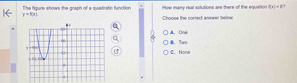 The figure shows the graph of a quadratic function How many real solutions are there of the equation f(x)=8 ?
y=f(x).
Choose the correct answer below.
A. One
B. Two
C. None