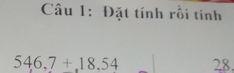 Đặt tính rồi tính
546,7+18.54 28.