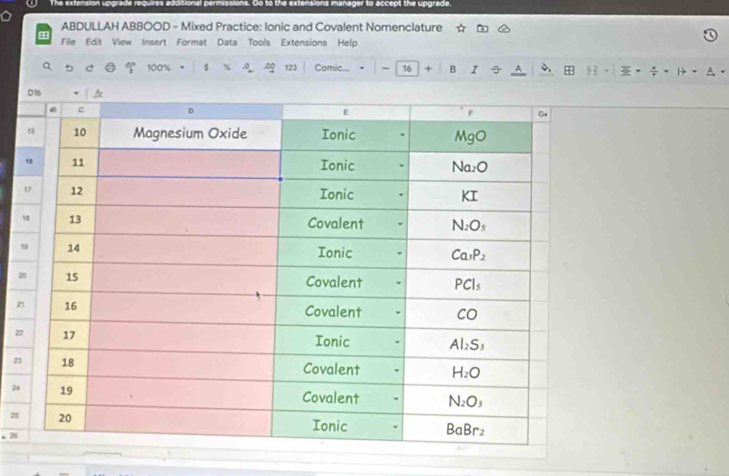 manager to accept the upgrade.
ABDULLAH ABBOOD - Mixed Practice: Ionic and Covalent Nomenclature
File Edit View Insert Format Data Tools Extensions Help
q s c a 9 100% · |$5xrightarrow o.00 123 Comic_  16 + B _n tau A overline ER 5 2/3 ·
_ 
2
2
n
2a
2
. 28