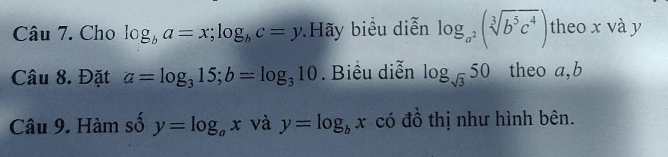 Cho log _ba=x; log _bc=y.Hãy biểu diễn log _a^2(sqrt[3](b^5c^4)) theo x và y
Câu 8. Đặt a=log _315; b=log _310. Biểu diễn log _sqrt(3)50 theo a, b
Câu 9. Hàm số y=log _ax và y=log _bx có đồ thị như hình bên.