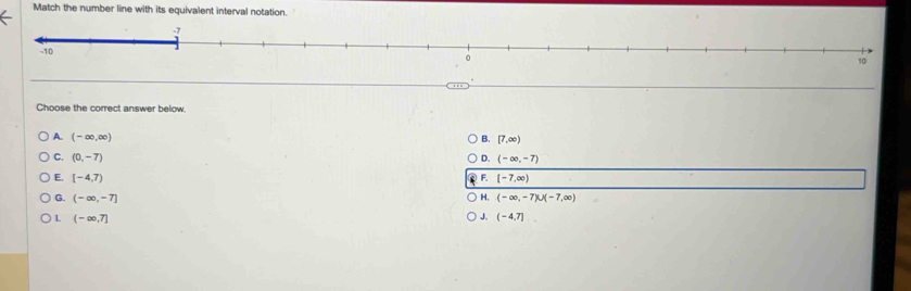 Match the number line with its equivalent interval notation.
Choose the correct answer below.
A. (-∈fty ,∈fty ) B. [7,∈fty )
C. (0,-7) D. (-∈fty ,-7)
E. [-4,7) F. [-7,∈fty )
H.
G. (-∈fty ,-7] (-∈fty ,-7)∪ (-7,∈fty )
L (-∈fty ,7] J. (-4,7]