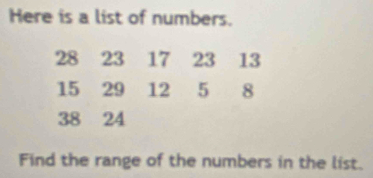 Here is a list of numbers.
28 23 17 23 13
15 29 12 5 8
38 24
Find the range of the numbers in the list.