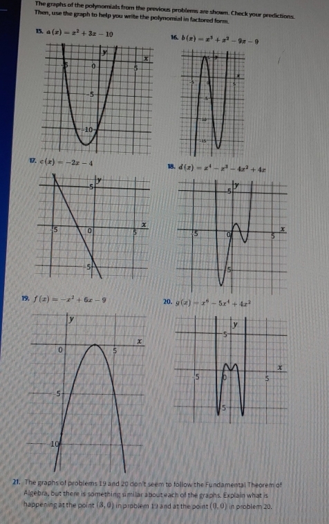 The graphs of the polynomials from the previous problems are shown. Check your predictions. 
Then, use the graph to help you write the polynomial in factored form. 
15. a(x)=x^2+3x-10 16. b(x)=x^3+x^2-9x-9
17. c(x)=-2x-4
18. d(x)=x^4-x^3-4x^2+4x

19. f(x)=-x^2+6x-9 20. g(x)=x^6-5x^4+4x^2
21. The graphs of problems 19 and 20 don't seem to follow the Fundamental Theorem of 
Algebra, but there is something similar about each of the graphs. Explain what is 
happening at the point (3,0) in problem 19 and at the point (0,0) in problem 20.