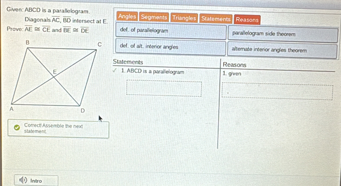 Solved: Given: ABCD is a parallelogram. Diagonals overline AC, overline ...