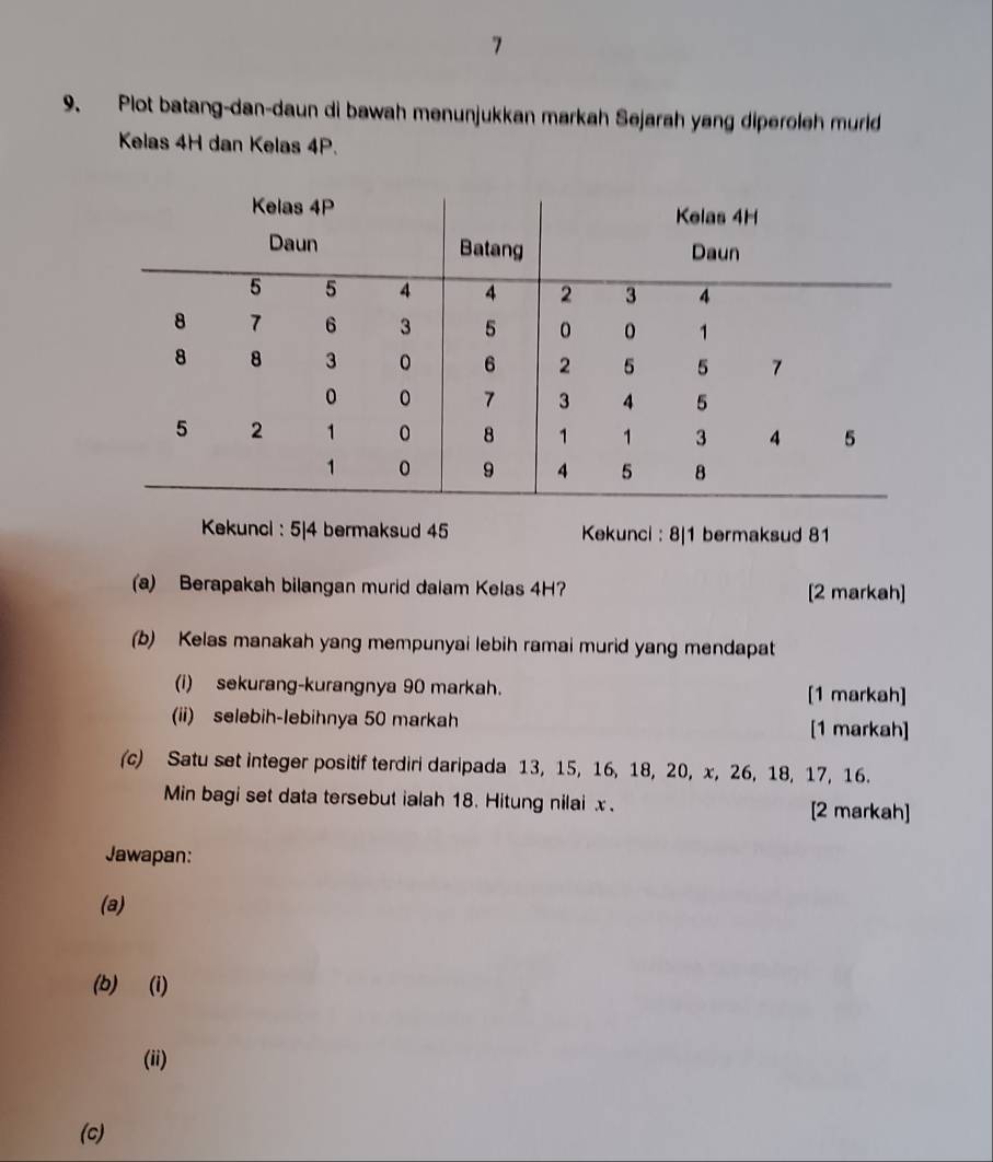 7
9. Plot batang-dan-daun di bawah menunjukkan markah Sejarah yang diperoleh murld
Kelas 4H dan Kelas 4P.
Kekunci : 5| 4 bermaksud 45 Kekunci : 8| 1 bermaksud 81
(a) Berapakah bilangan murid dalam Kelas 4H? [2 markah]
(b) Kelas manakah yang mempunyai lebih ramai murid yang mendapat
(i) sekurang-kurangnya 90 markah. [1 markah]
(ii) selebih-lebihnya 50 markah [1 markah]
(c) Satu set integer positif terdiri daripada 13, 15, 16, 18, 20, x, 26, 18, 17, 16.
Min bagi set data tersebut ialah 18. Hitung nilai x. [2 markah]
Jawapan:
(a)
(b) (i)
(ii)
(c)