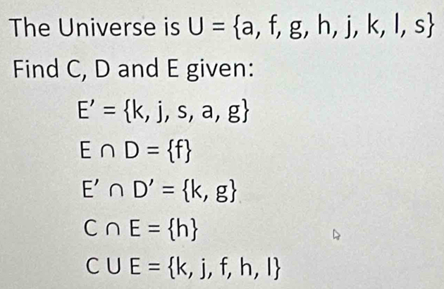 The Universe is U= a,f,g,h,j,k,l,s
Find C, D and E given:
E'= k,j,s,a,g
E∩ D= f
E'∩ D'= k,g
C∩ E= h
C∪ E= k,j,f,h,l