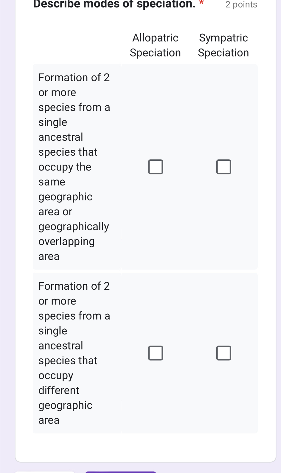 Describe modes of speciation. * 2 points
Allopatric Sympatric
Speciation Speciation
Formation of 2
or more
species from a
single
ancestral
species that
occupy the □ □ 
same
geographic
area or
geographically
overlapping
area
Formation of 2
or more
species from a
single
ancestral
species that
□
□ 
occupy
different
geographic
area