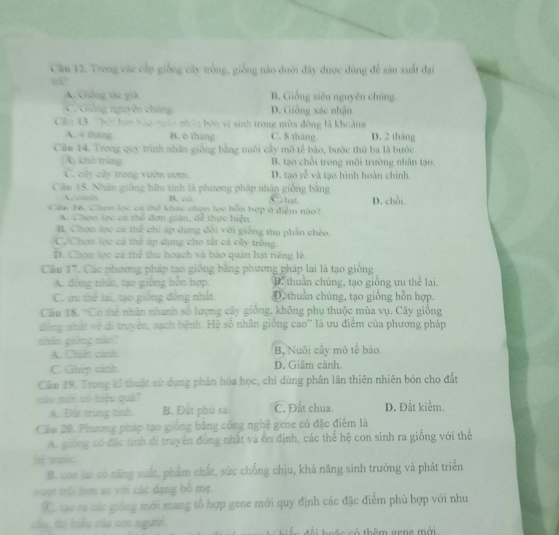 Trong các cấp giống cây trồng, giống nào đưới đây được dùng để sản xuất đại
wrå?
A. Giống tác giả, B. Giống siêu nguyên chủng.
C. Giống nguyên chủng D. Giống xác nhận.
Câc 13. hời ham bảo quân nhân bón vị sinh trong mùa đồng là khoảng
A. 4 thang. B. 6 tháng C. 8 tháng D. 2 tháng
Câu 14. Trong quy trình nhân giống bằng nuôi cấy mô tế bào, bước thứ ba là bước
A khử trùng B. tạo chồi trong môi trường nhân tạo.
C. cây cây trong vườn ượm. D. tạo rễ và tạo hình hoàn chỉnh.
Câu 15. Nhân giống hữu tính là phương pháp nhân giống bằng
A cảnh B. cả. C hat. D. chồi.
Cần 16. Chọn lọc cá thể khác chọn lọc hỗn hợp ở điểm nào?
A. Chọn lọc cá thể đơn gián, để thực hiện,
B, Chọn lọc ca thể chí áp dụng đổi với giống thụ phần chéo.
C. Chơn lọc cá thể áp dụng cho tất cá cây trống.
D. Chọn lọc cá thể thu hoạch và bảo quản hạt riêng lẻ.
Câu 17. Các phương pháp tạo giống bằng phương pháp lai là tạo giống
A. đồng nhất, tạo giống hỗn hợp, B. thuần chủng, tạo giống ưu thể lai.
C. tru thể lai, tạo giống đồng nhất. D, thuần chủng, tạo giống hỗn hợp.
Câu 18. ''Có thể nhân nhanh số lượng cây giống, không phụ thuộc mùa vụ. Cây giống
đồng nhất về đi truyền, sạch bệnh. Hệ số nhân giống cao'' là ưu điểm của phương pháp
nhân giồng nào?
A. Chiết cảnh. B. Nuôi cấy mô tế bào.
C. Ghép cảnh. D. Giâm cành.
Câu 19. Trong kĩ thuật sử dụng phân hóa học, chỉ dùng phân lân thiên nhiên bón cho đất
nào mới có hiệu quả?
A. Đất trung tinh B. Đất phù sa. C. Đất chua. D. Đất kiểm.
Cầu 20. Phương pháp tạo giống băng công nghệ gene có đặc điểm là
A. giống có đặc tính di truyền đông nhất và ốn định, các thế hệ con sinh ra giống với thế
hệ trước.
B. con lai có năng suất, phẩm chất, sức chống chịu, khả năng sinh trưởng và phát triển
vượt trội hơm so với các dạng bộ mẹ.
C. tạo ra các giống mới mang tổ hợp gene mới quy định các đặc điểm phù hợp với như
câu, thị hiểu của con người.
i  h e s s  só thêm gene mới