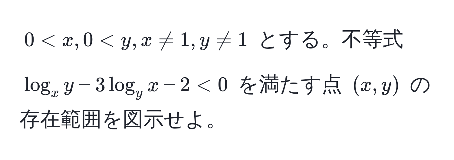 $0 < x, 0 < y, x != 1, y != 1$ とする。不等式 $log_x y - 3log_y x - 2 < 0$ を満たす点 $(x,y)$ の存在範囲を図示せよ。