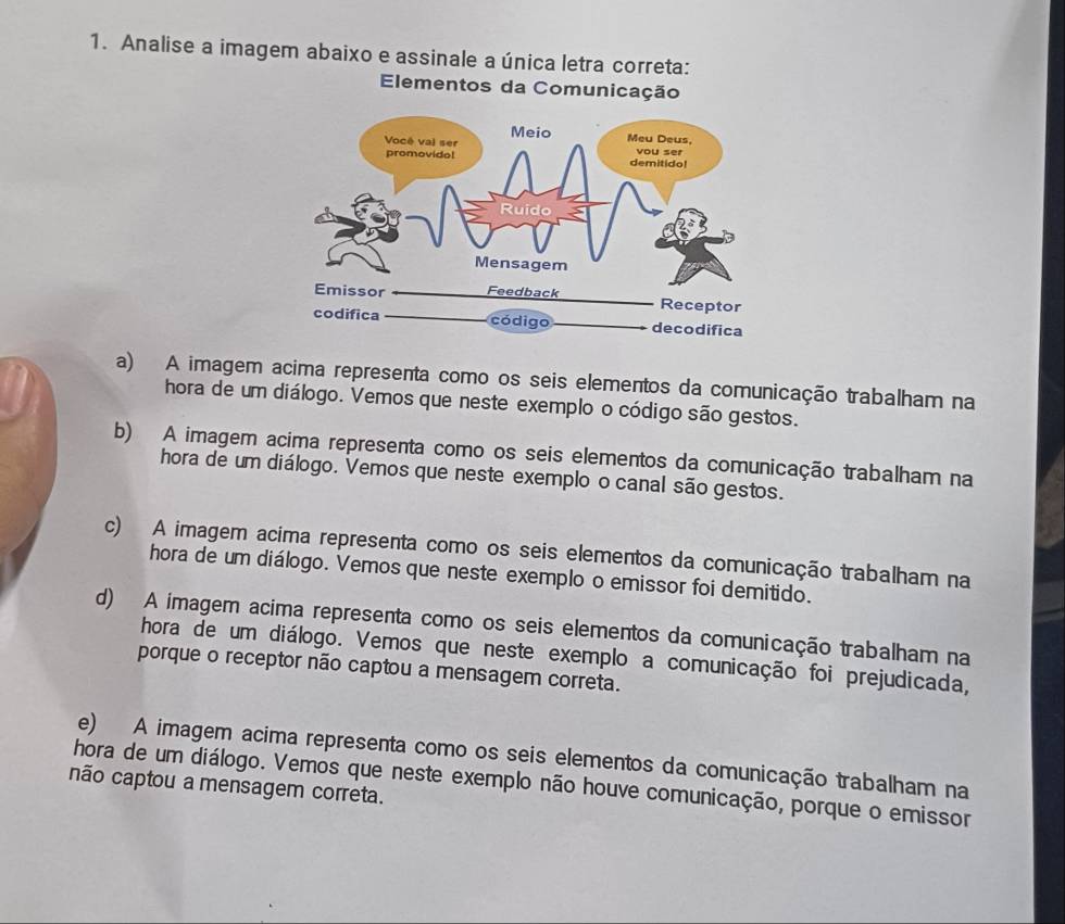 Analise a imagem abaixo e assinale a única letra correta:
Elementos da Comunicação
a) A imagem acima representa como os seis elementos da comunicação trabalham na
hora de um diálogo. Vemos que neste exemplo o código são gestos.
b) A imagem acima representa como os seis elementos da comunicação trabalham na
hora de um diálogo. Vemos que neste exemplo o canal são gestos.
c) A imagem acima representa como os seis elementos da comunicação trabalham na
hora de um diálogo. Vemos que neste exemplo o emissor foi demitido.
d) A imagem acima representa como os seis elementos da comunicação trabalham na
hora de um diálogo. Vemos que neste exemplo a comunicação foi prejudicada,
porque o receptor não captou a mensagem correta.
e) A imagem acima representa como os seis elementos da comunicação trabalham na
hora de um diálogo. Vemos que neste exemplo não houve comunicação, porque o emissor
não captou a mensagem correta.