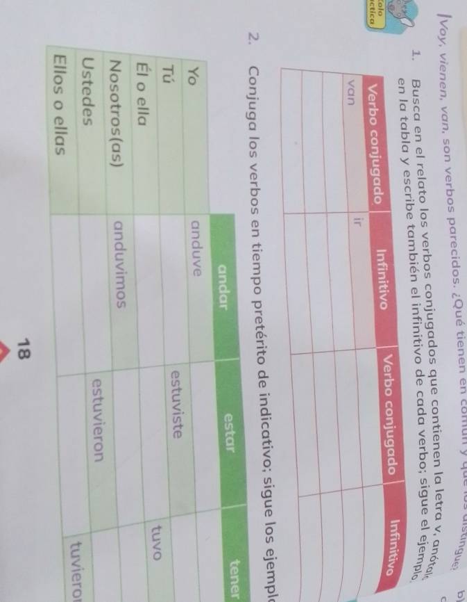 Voy, vienen, van, son verbos parecidos. ¿Qué tienen en comun y que 
b 
C 
1. Busca en el relato los verbos conjugados que contienen la letra v, anótal 
bién el infinitivo de cada verbo; sigue el ejemplo 
olo 
íctica 
rito de indicativo; sigue los ejemple 
r 
o
18