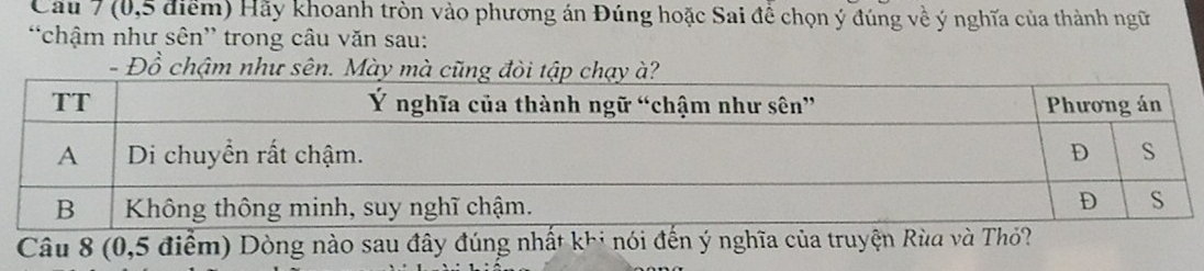 Cầu 7 (0,5 điểm) Hãy khoanh tròn vào phương án Đúng hoặc Sai đề chọn ý đúng về ý nghĩa của thành ngữ 
chậm như sên” trong câu văn sau: 
- Đồ chậm như sên. Mà 
Câu 8 (0,5 điểm) Dòng nào sau đây đúng nhất