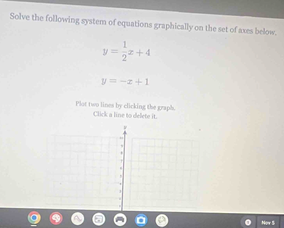 Solve the following system of equations graphically on the set of axes below.
y= 1/2 x+4
y=-x+1
Plot two lines by clicking the graph.
Click a line to delete it.
Nov 5