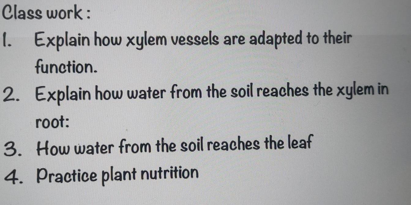 Class work : 
1. Explain how xylem vessels are adapted to their 
function. 
2. Explain how water from the soil reaches the xylem in 
root: 
3. How water from the soil reaches the leaf 
4. Practice plant nutrition