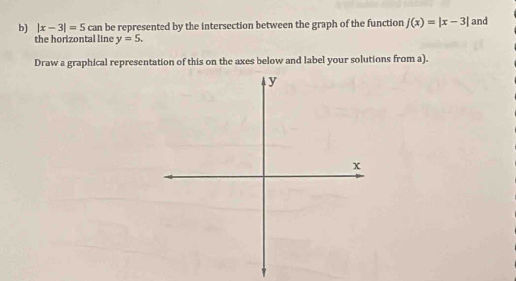 |x-3|=5can be represented by the intersection between the graph of the function j(x)=|x-3| and 
the horizontal line y=5. 
Draw a graphical representation of this on the axes below and label your solutions from a).